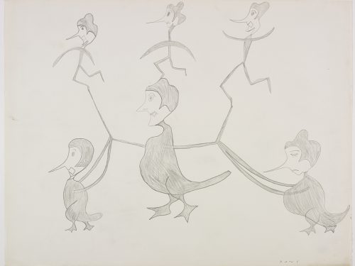Scene depicting a row of three birds with thin wings and human heads holding up three other imaginary human figure with thin bodies and long pointy noses. Scene presented in a two-dimensional style using grey.