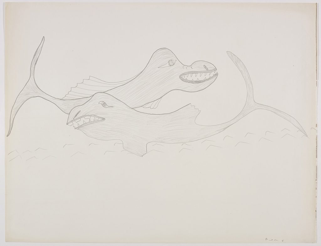 Two large sea creatures with large mouths and teeth facing in opposite directions. Scene presented in a two-dimensional style using grey.