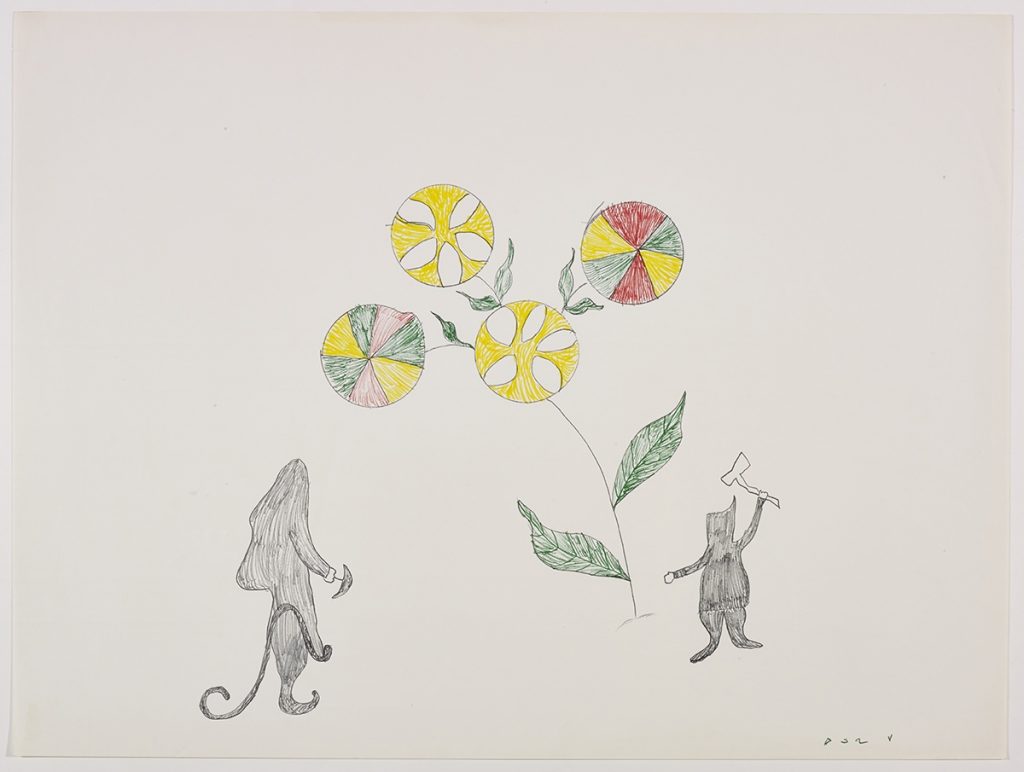 Figure humaine tenant une hache au-dessus de sa tête debout à côté d'une grande plante stylisée à quatre fleurs rondes, tandis qu'une autre figure avec un ulu se tient en retrait. Œuvre bidimensionnelle exécutée en noir, jaune, vert et rouge.