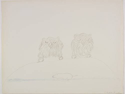 Two very fluffy owls stand on top of a hill looking down at a lemming below them. Scene presented in a two-dimensional style using grey.