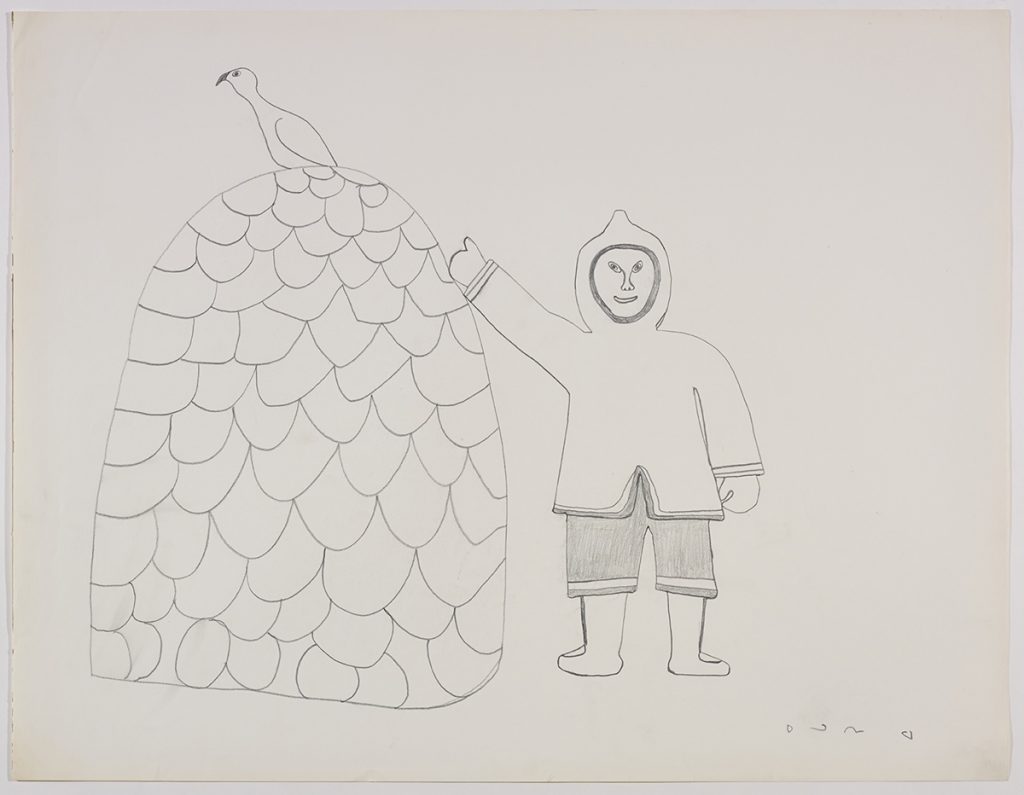 A human figure standing with their right hand touching a tall rounded mound and pointing towards a bird sitting on the top. Scene presented in a two-dimensional style using grey.