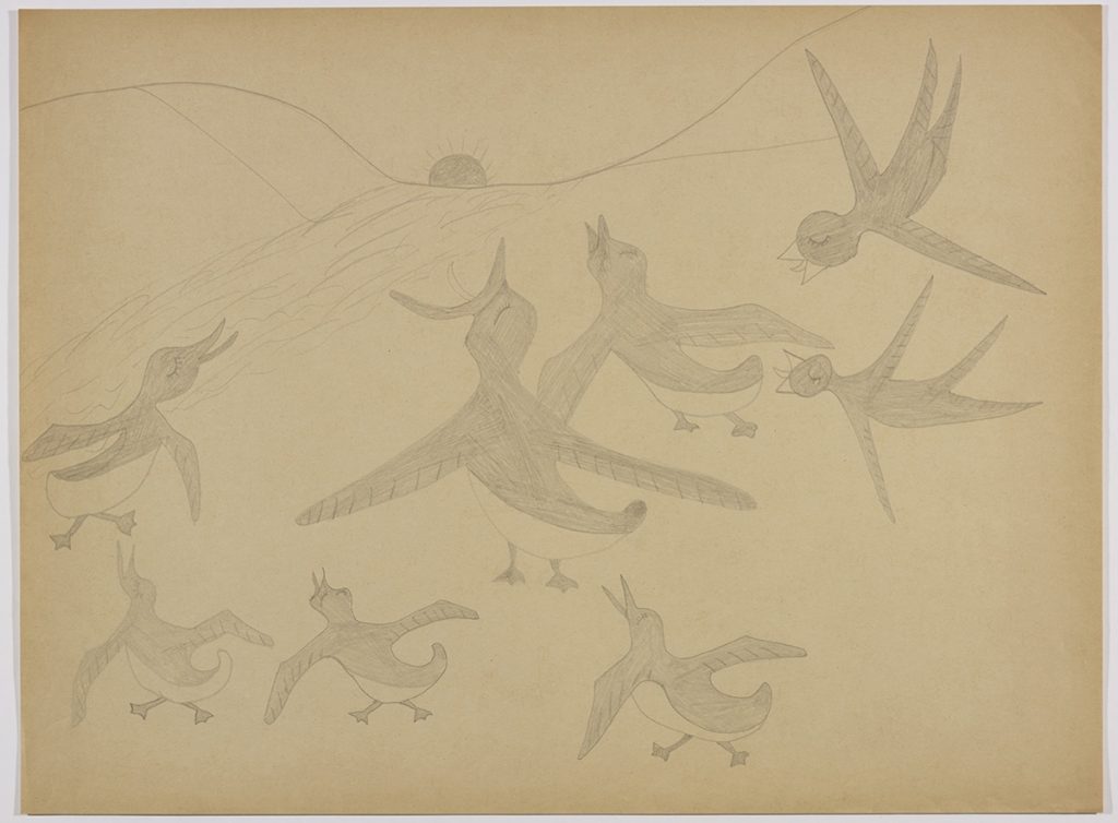 A group of eight birds with their mouths open and facing a partially hidden sun on the horizon line in the background. Scene presented in a two-dimensional style using grey.
