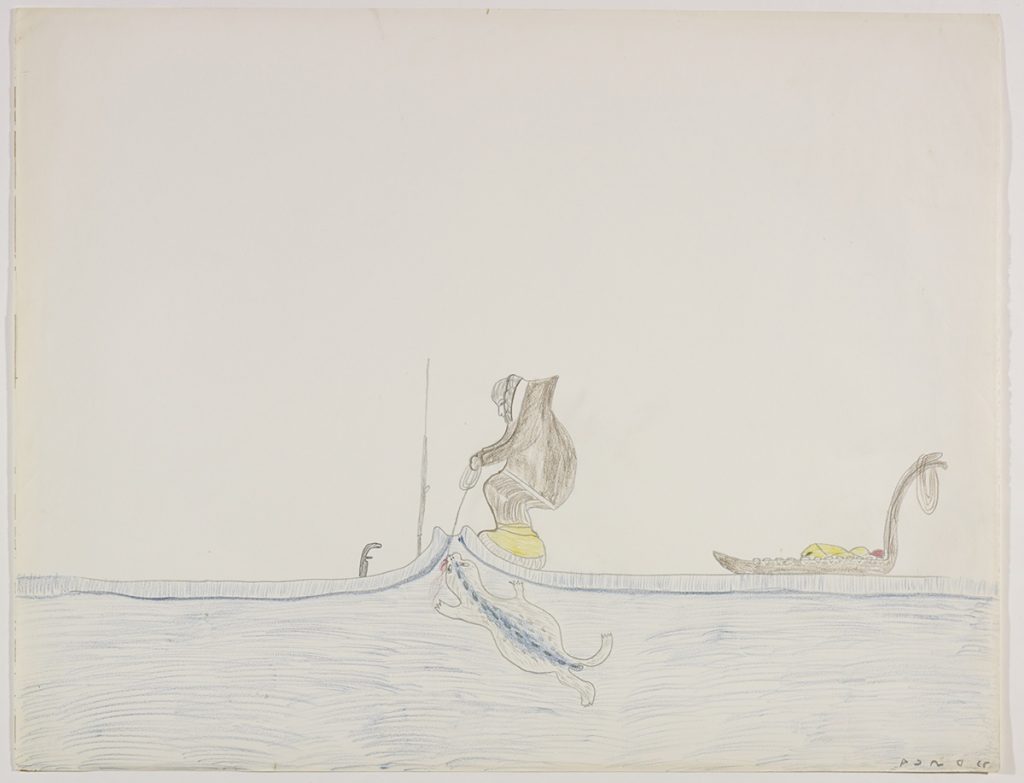 Scene depicting a human figure surrounded by his hunting gear and is pulling a seal through a hole in the ice using a rope. Scene presented in a way that the viewer’s perspective is at ice level and can see both above and underneath the sea ice.