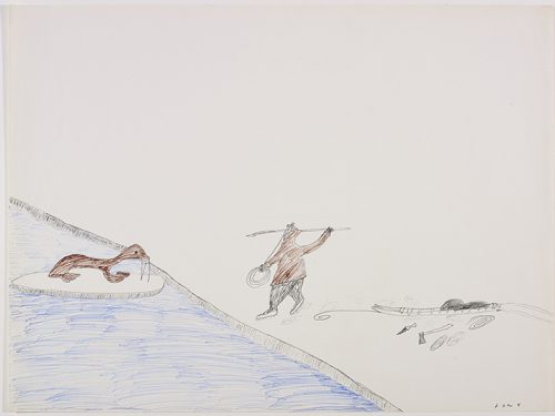 Scene depicting a man standing on the flow edge near his komatik about to throw a harpoon at a skinny walrus laying on a separate piece of ice. Scene presented in a two-dimensional style and using blue