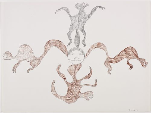 Scene depicting a human face in the middle and four creatures touching it with the end of their tails and facing out towards each edge of the page. Scene presented in a two-dimensional style and using brown
