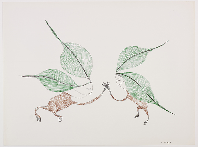 Scene depicting two imaginary creatures with two leaves on each of their heads and facing each other while touching hands. Figures presented in a two-dimensional style and using green