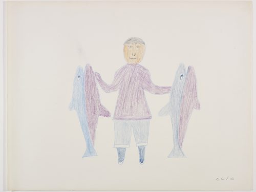 A human figure holding two large fish