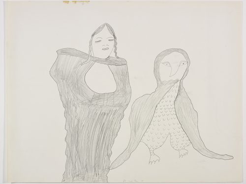 Imaginary scene depicting a human-owl hybrid with a beak next to a woman wearing an amautik. Scene presented in a two-dimensional style and using grey.