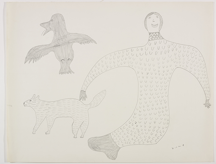 Imaginary scene depicting one large human figure sitting beside an arctic fox and a raven. Presented in a two-dimensional style and using grey.