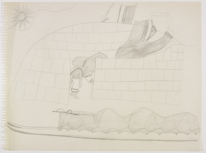 Imaginary scene depictnig three human figures building an igloo with alarge komatik in the foreground and a large sun visible above rounded hills in the background at the top left of the page. Presented in a flattened vertical perspective style using grey.