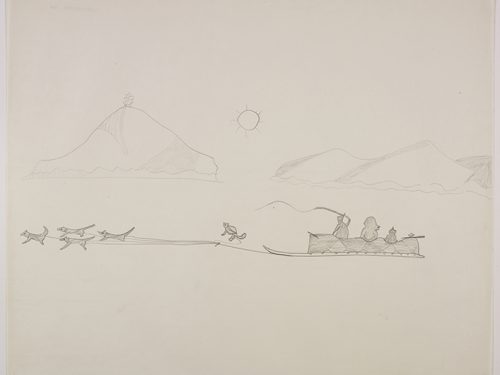 Scene depicting three humans in a komatik being pulled by five dogs with large mountains in the background under a large sun. Presented in a two-dimensional style and using grey.