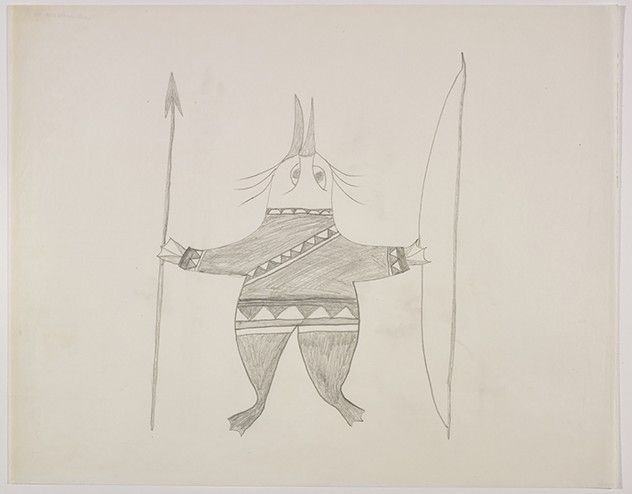 Abstract scene depicting an imaginary bird-like creature wearing Inuit clothing holding a bow and arrow in its webbed hands. Presented in a two-dimensional style and using grey.