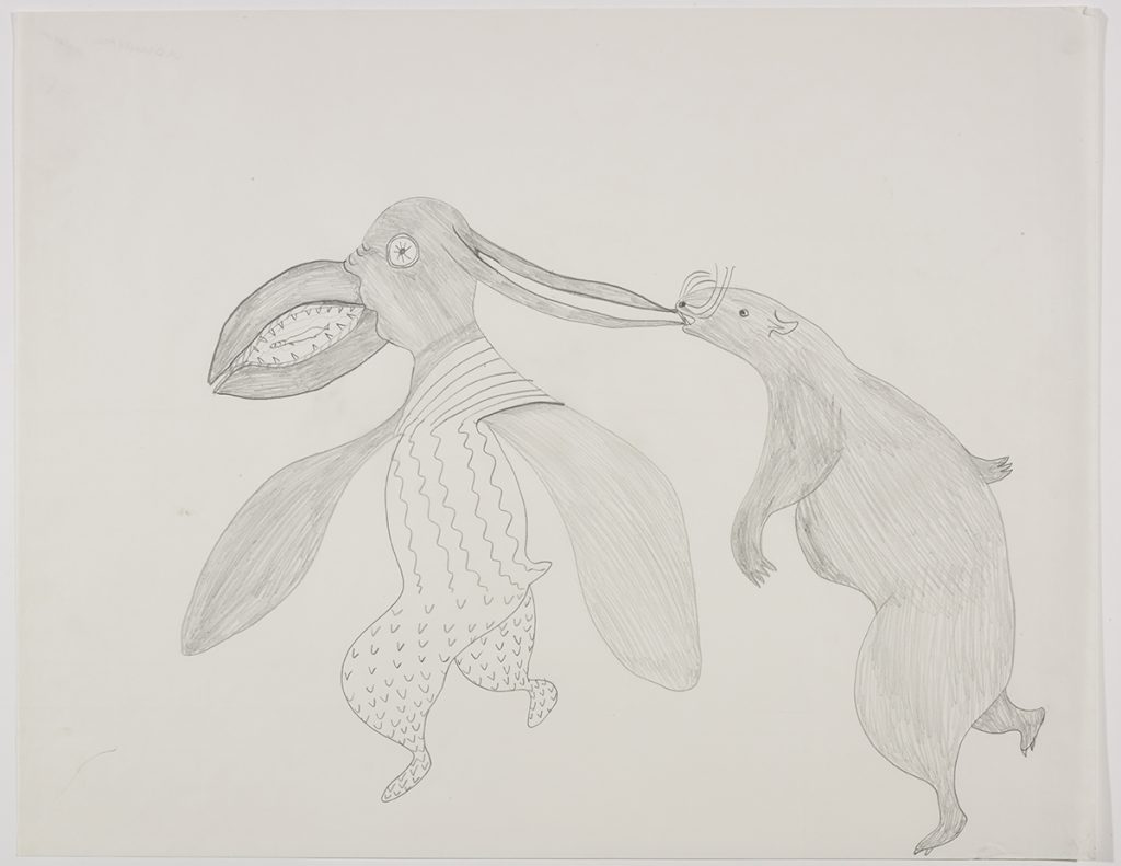 Imaginary scene depicting a lemming biting the long ears of a bird-like creature with multiple designs on its body. Scene presented in a two-dimensional style and using grey.