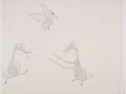 Imaginary scene depicting two stylized birds facing each other while another smaller bird with many stylized feathers looks down at them while flying overhead. Presented in a two-dimensional style and using grey.