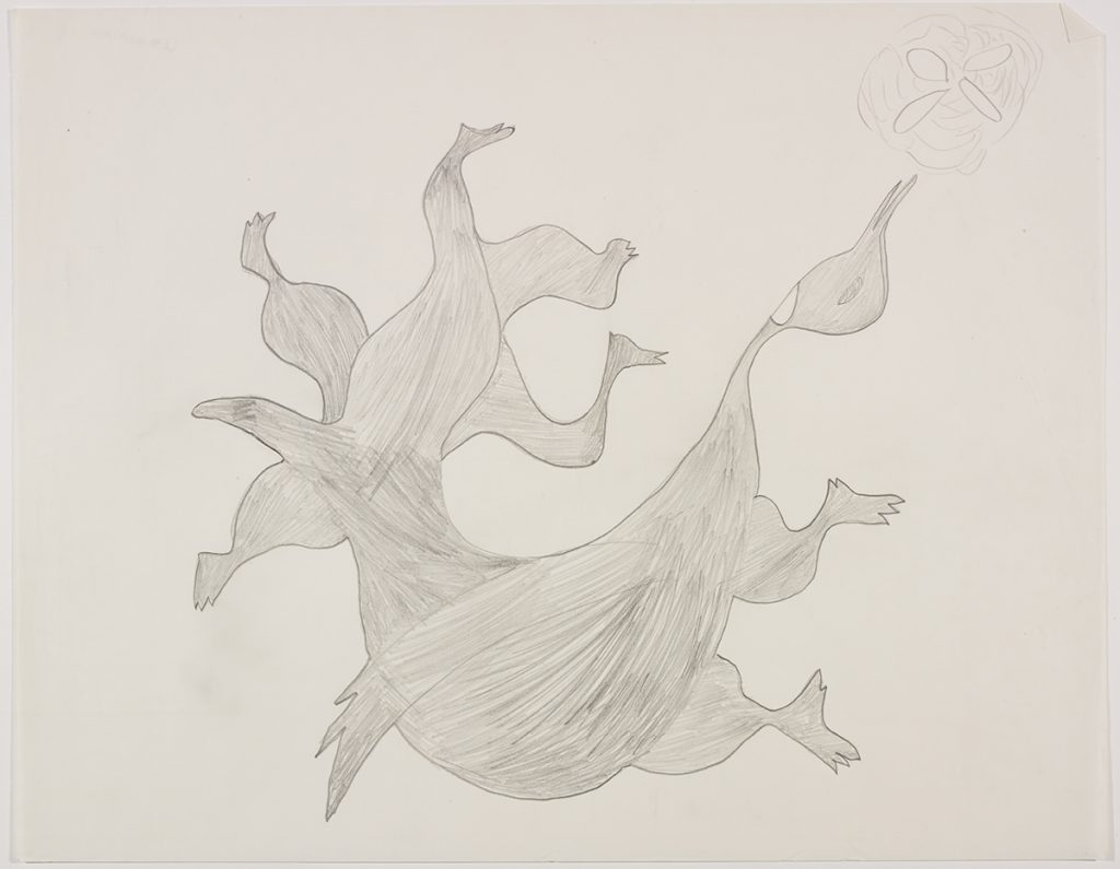 A large creature with a bird head and many limbs is lying down beside a nest with four eggs in it. Design presented in a two-dimensional style and using grey.