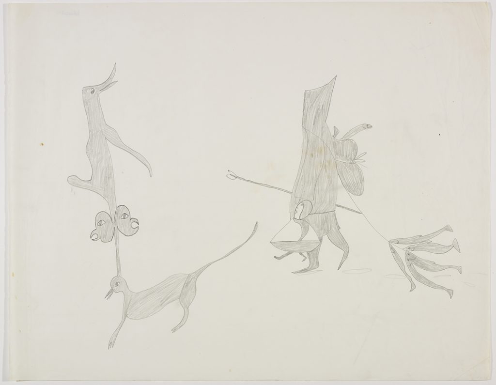Imaginary scene depicting a human figure holding tools and dragging a bunch of fish next to a creature with many limbs. Scene presented in a two-dimensional style and using grey.