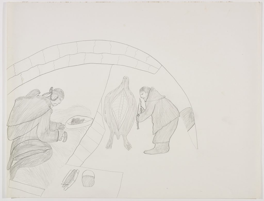 Scene depicting a woman kneeling down beside a table with tools and a bowl holding an ulu while a man stands near a seal carcass that has been neatly cut open. Both figures are framed by a curved wall of blocks surrounding them in the upper left side of the page. Presented in a flat