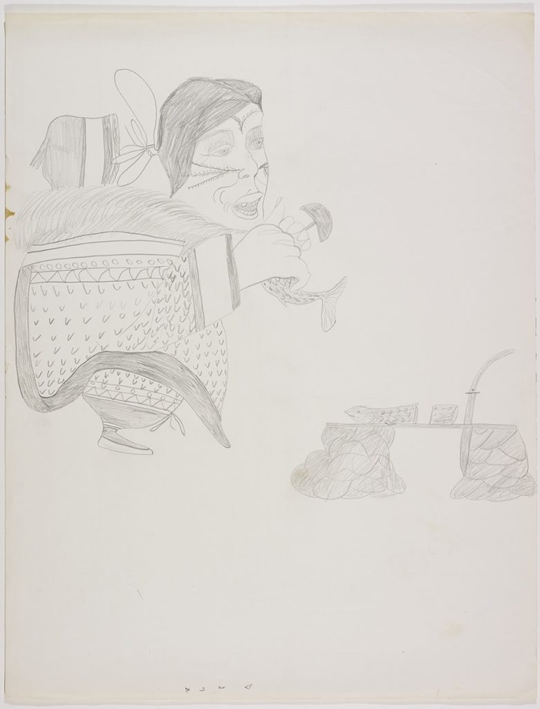 A scene depicting a large Inuit woman carrying a child in her hood while holding an ulu and the tail of a seal in her very large hands. The rest of the seal is on a flat surface resting on two rock piles. Scene presented in a two-dimensional style using grey.