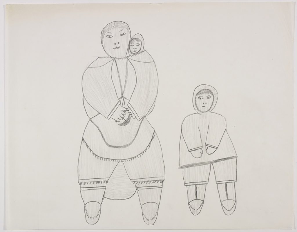 Scene depicting a woman in traditional Inuit clothing carrying an infant in her hood and an ulu in her hands stands next to a child also wearing traditional clothing. Scene presented in a two-dimensional style using grey.