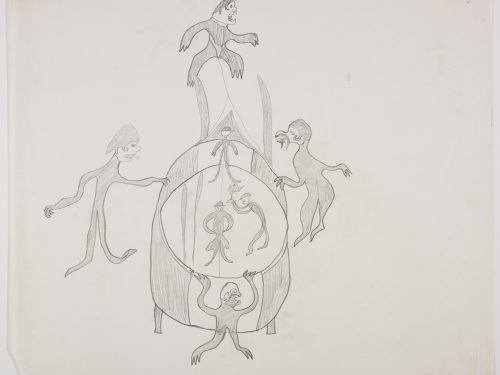 Group of imaginary creatures surrounding a round sled carrying three much smaller human figures and two long objects. Scene presented from a bird’s eye view using grey.