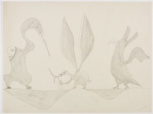 Imaginary scene depicting two birds watching a third bird dancing with its long wings. Scene presented in a two-dimensional style and using grey.
