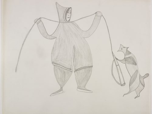 A rotund human figure stands holding a rope connected to an object that hangs down beside them and a stylized dog-like creature on the right side of the page. Scene presented in a two-dimensional style using grey.