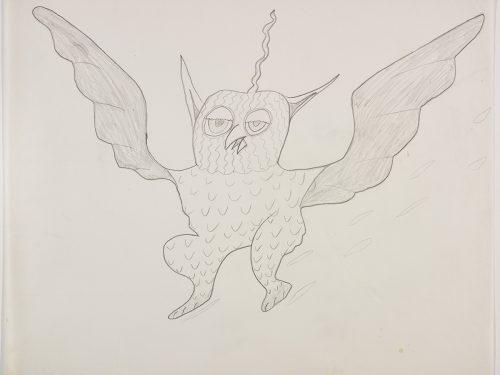A large bird with both wings outstretched and owl-like facial features with a long undulating shape rising from its head stands in the middle of the page. Scene presented in a two-dimensional style using grey.