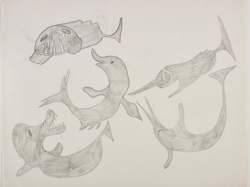 A group of five sea creatures. Three of them have long snouts without teeth and the other two have shorter snouts and large teeth. Scene presented in a two-dimensional style using grey.