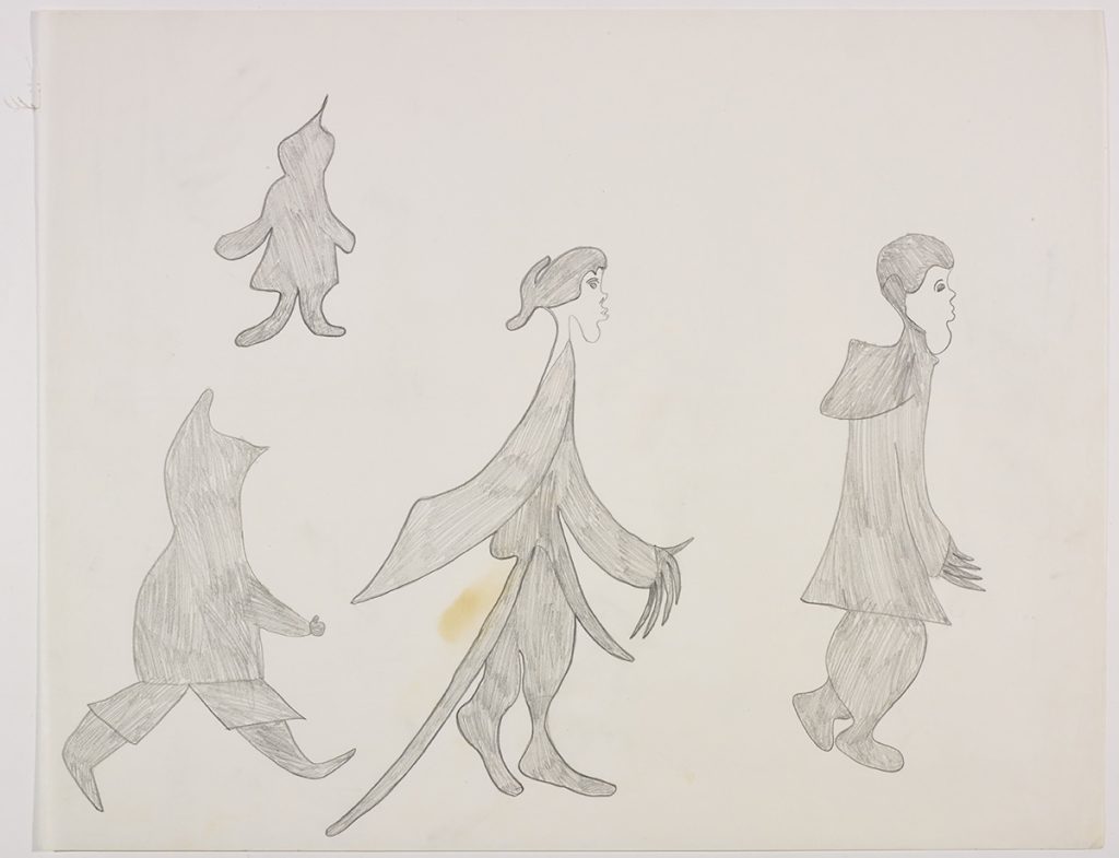 Au bas de la page, trois figures humaines marchant en rang; dans le haut, une autre figure humaine à gauche. Œuvre bidimensionnelle exécutée en gris.