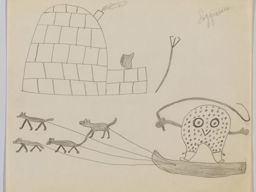 Imaginary scene depicting four dogs pulling a sled with a strange creature on it holding a whip and an igloo with a human head visible over the entrance in the background. Scene presented in a flattened