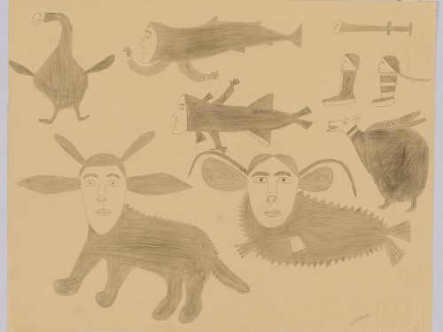 Imaginary line drawing depicting a group of seven animals