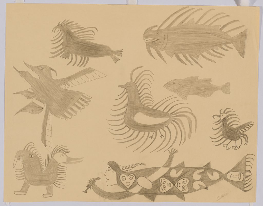 Scene depicting a group of eight imaginary birds and sea creatures