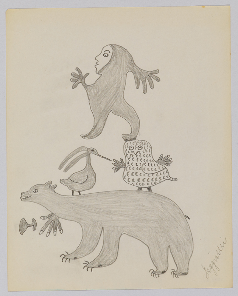 Playful scene depicting an imaginary a human creature standing on top of two birds and the two birds are standing on top of a polar bear. Presented in a flattened