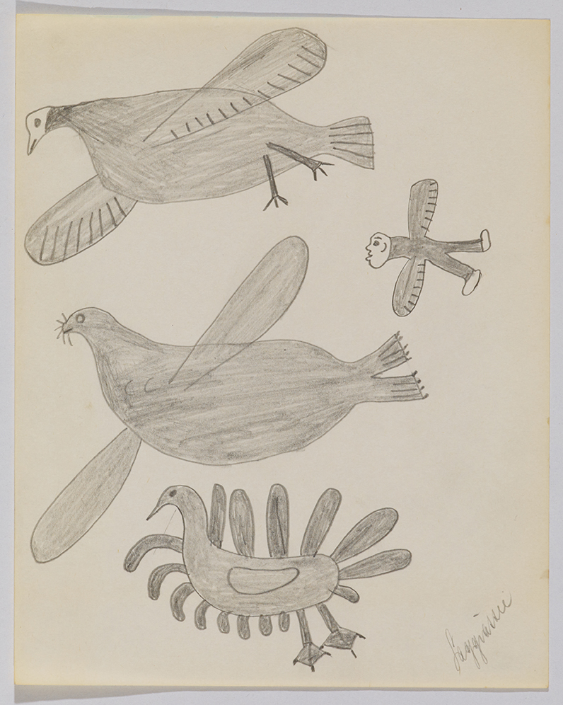 Playful line drawing depicting four imaginary bird-like creatures