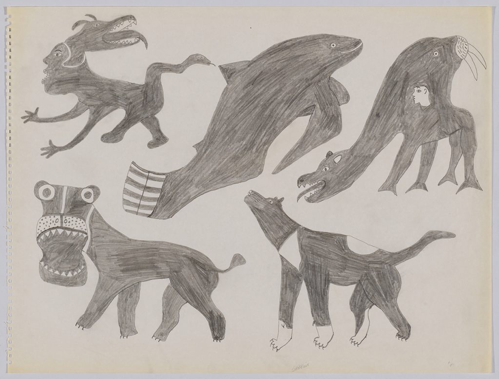 Scene depicting a group of figures including three imaginary dog-like creatures