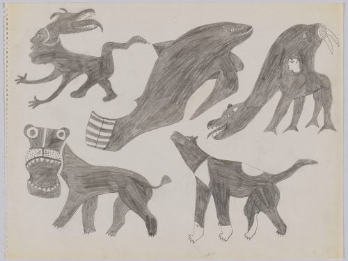 Scene depicting a group of figures including three imaginary dog-like creatures