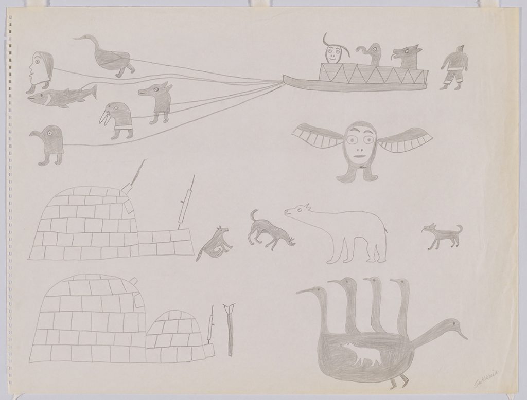 Scene depicting a dog team of strange creatures pulling a komatik carrying thre figures above two igloos next to a starnge human-faced bird