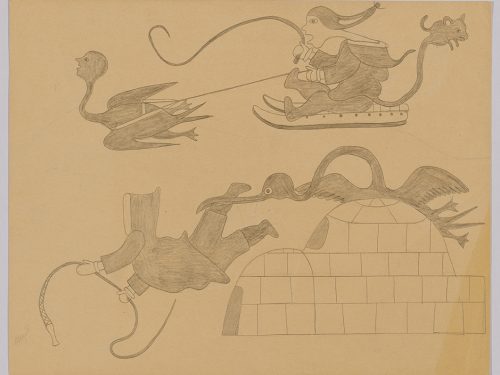 A group of six imaginary creaturesand human figures including a man jugging four rocks