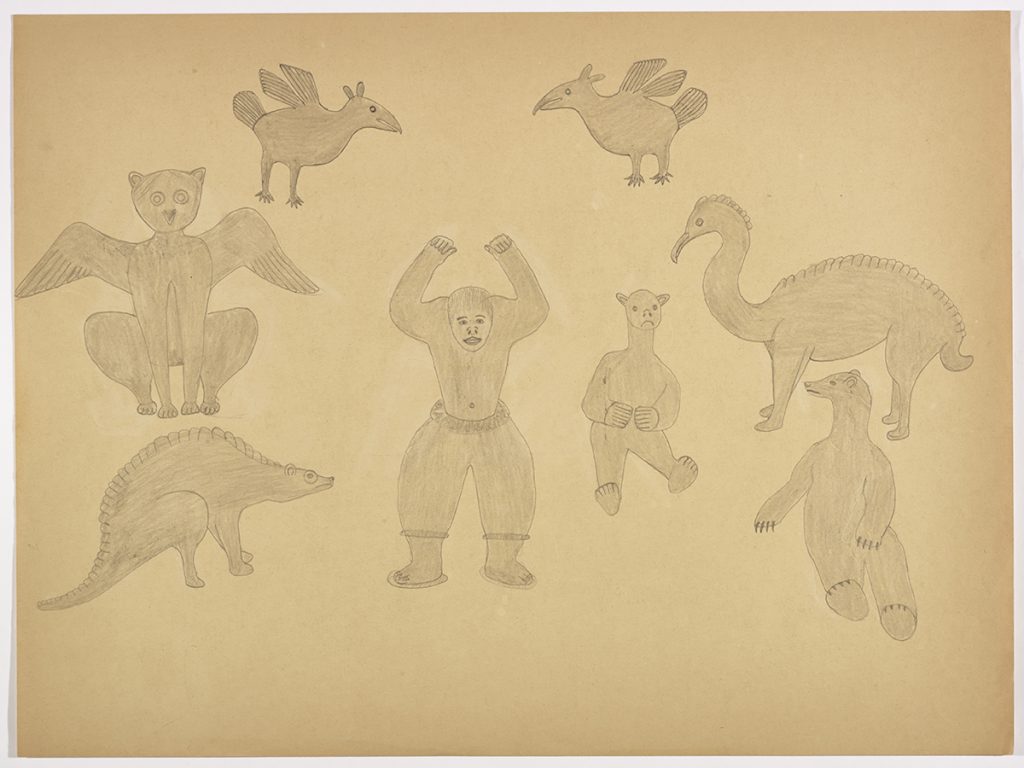 A variety of bears and bird-like creatures facing a shirtless man with his arms above his head. Presented in a two-dimensional style and using grey.