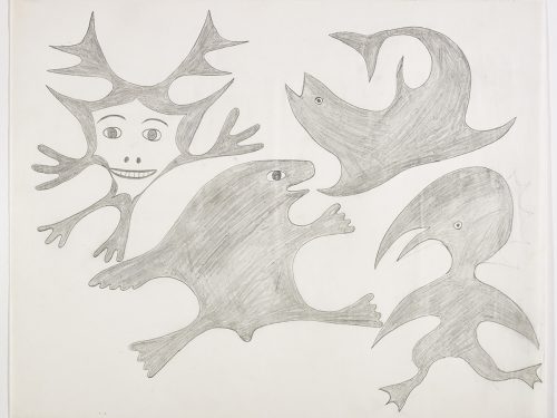 Four imaginary creatures including a human face with antlers around its face