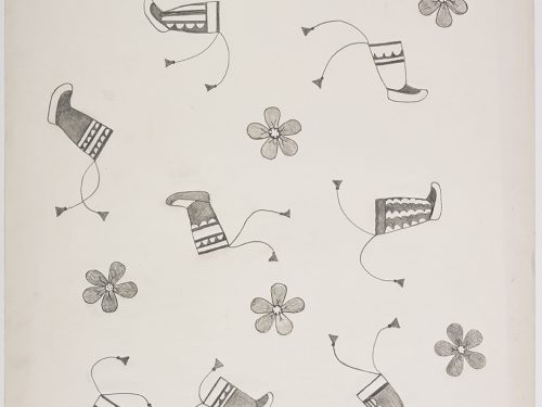 A playful design of eight boots with different patterns and laces with flowers placed evenly across the page. Design presented in a two-dimensional style and using grey.