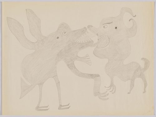 A dog-like creature with legs of a tall bird facing another dog-like creature that has a big head and legs coming out of its head. They are depicted in a flat