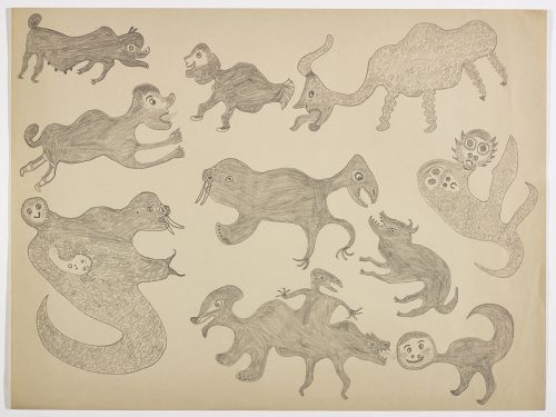A group of ten imaginary creatures. Some have human faces while others are stylized animal hybrids including a creature with large horns and undulating legs sticking out its tongue in the top right corner and a three-legged walrus with a creature's head on its lower back in the middle of the page. They are depicted in a flat