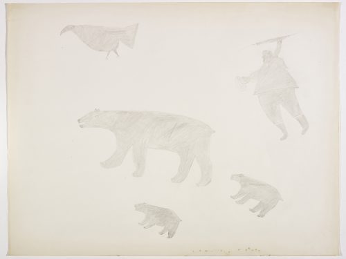 Scene depicting a large bear with two smaller bears in tow