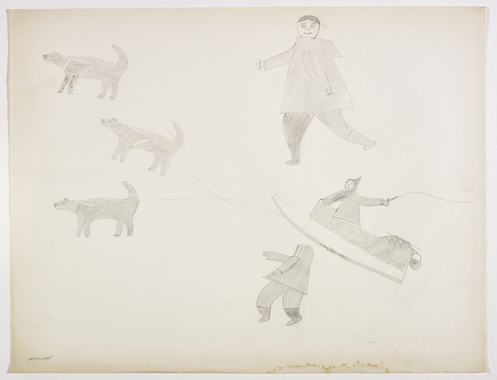 Three dogs are pulling a sled with a person in it holding a whip and two other people are standing near the sled. They are depicted in a flat