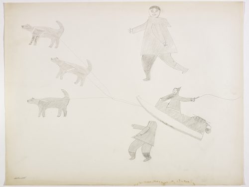 Three dogs are pulling a sled with a person in it holding a whip and two other people are standing near the sled. They are depicted in a flat