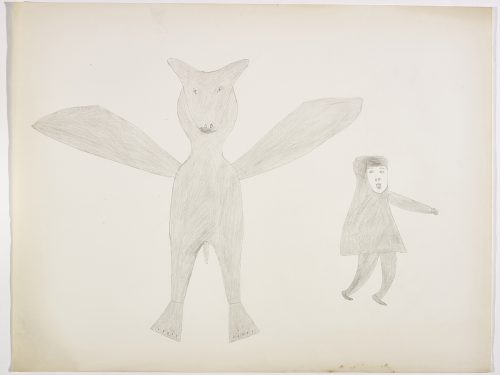 Scene depicting a big bear with wings stands on the left side of the page bear a smaller human looking at the animal with an open mouth while their body is turned towards the right edge of the page. They are depicted in a flat