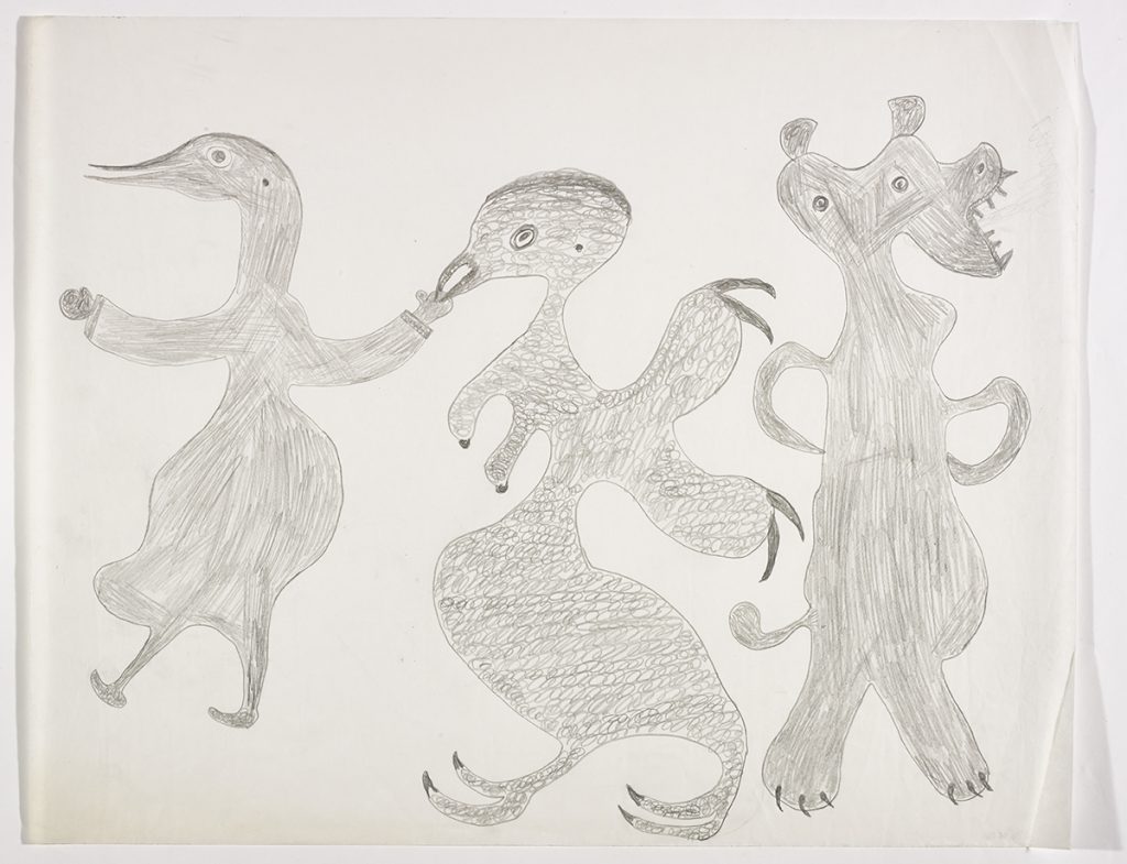 Three very different imaginary creatures. Two have bird beaks and the one on the right hand side has three claws on its foot and a short tail. They are depicted in a flat