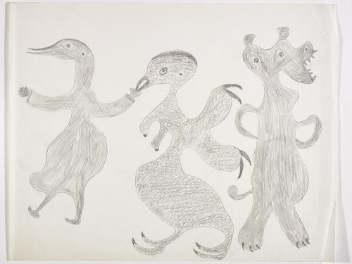 Three very different imaginary creatures. Two have bird beaks and the one on the right hand side has three claws on its foot and a short tail. They are depicted in a flat