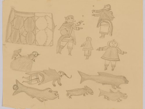 Playful scene depicting two people juggling near a sealskin tent with children watching on the top half of the page. Four fish-like creatures and a person facing the right side of the page on the lower half of the page. Presented in a flattened vertical p